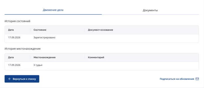 Интерфейс карточки дела на сайте суда